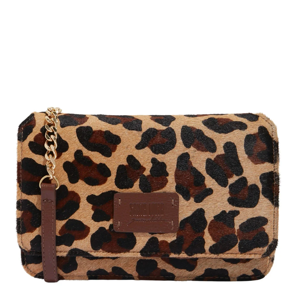 Bolsa Flap Bag Couro Estampa Pelo Onça Alça Corrente - vista 1 de 4