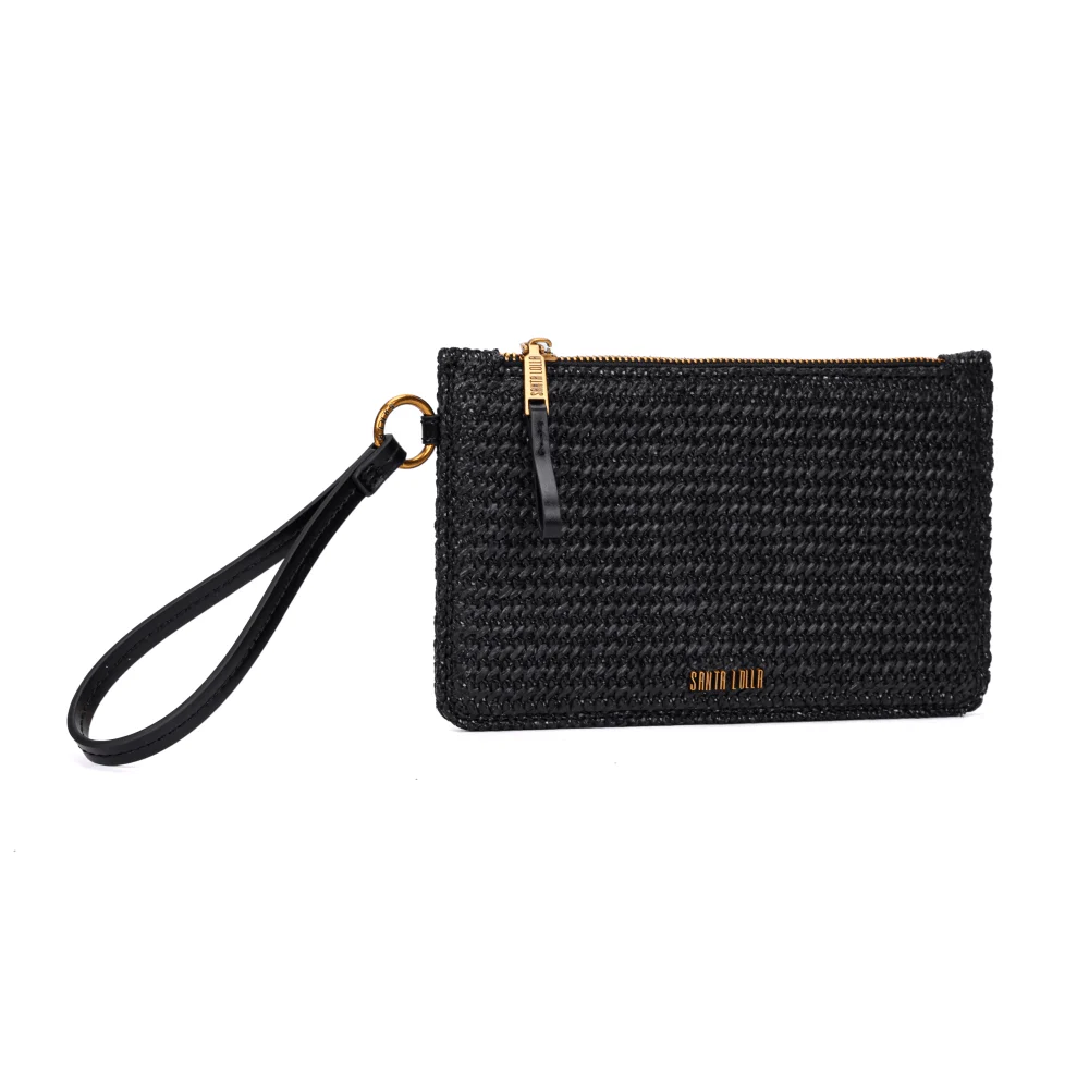 Clutch Preta Palha Tramado Alça De Mão - vista 2 de 7