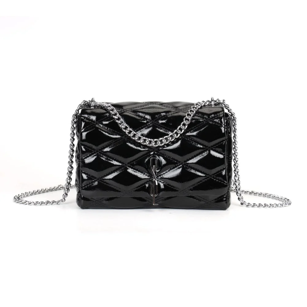 Bolsa Glossy Envernizada Preta Alça Corrente Transversal - vista 1 de 7