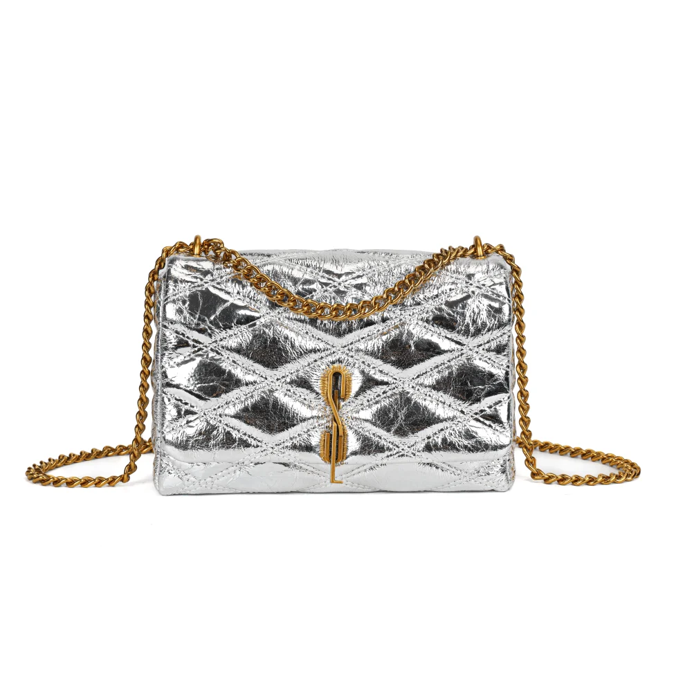 Bolsa Metal Crinkle Prata Alça Corrente Transversal - vista 1 de 8
