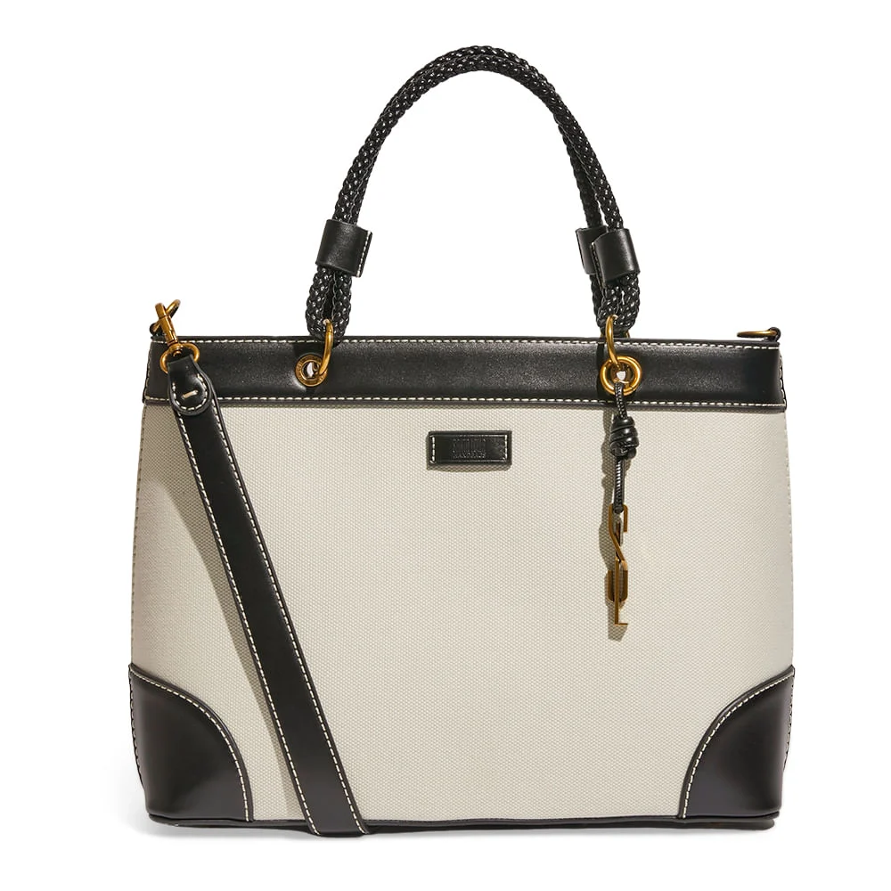 Bolsa Tote Bag Canvas Preto E Branco Recortes Pespontos - vista 1 de 3