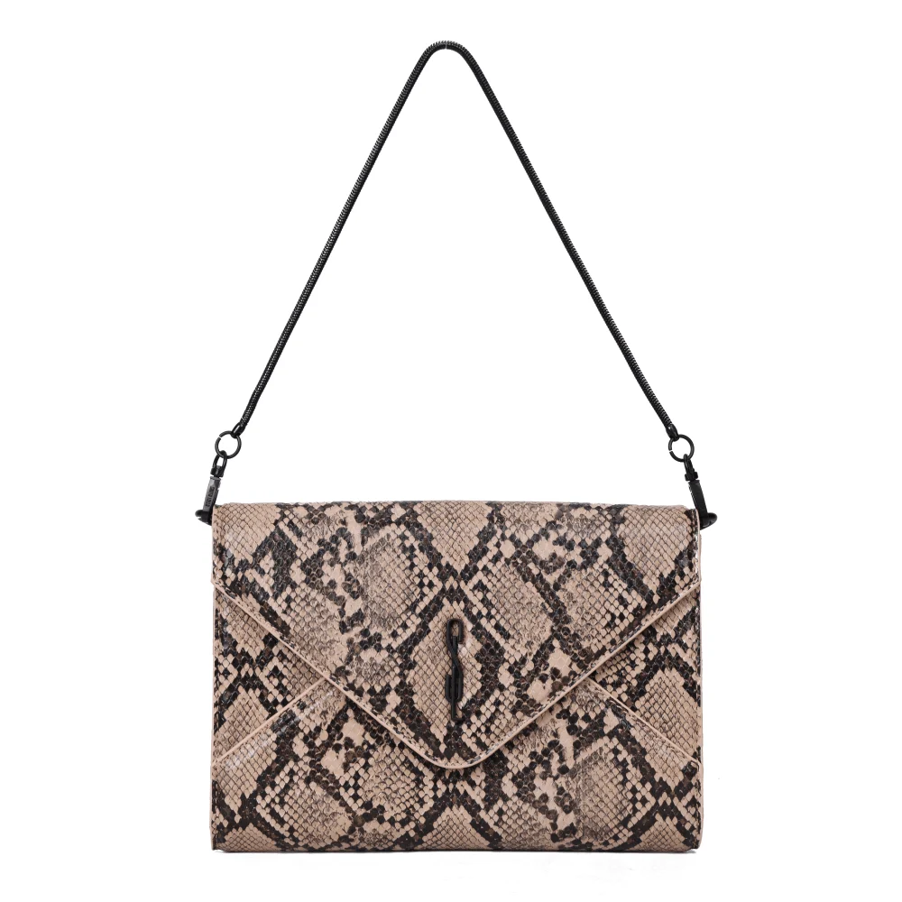 Bolsa Clutch Envelope Animal Print Cobra Bege Alça De Mão - vista 1 de 6
