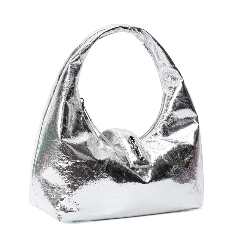Bolsa Hobo Metalizada Crinkle Prata Alça De Ombro - vista 3 de 7