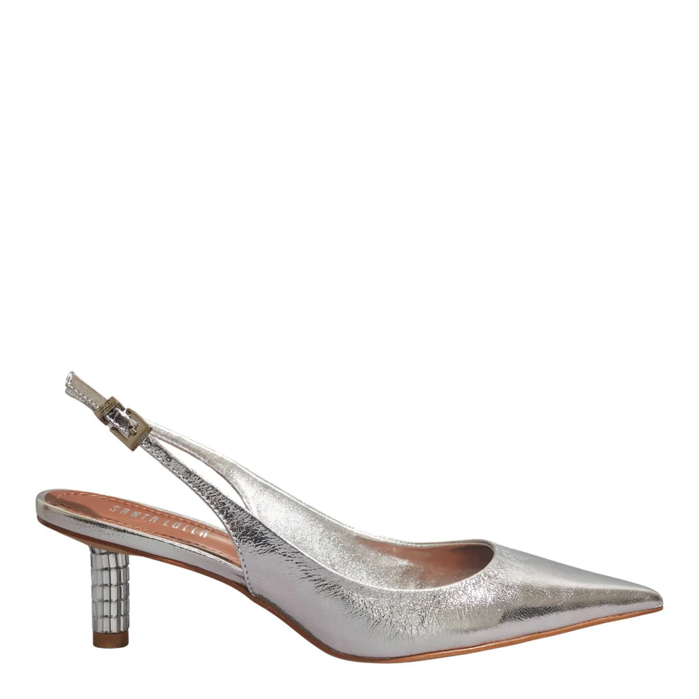 Scarpin Bico Fino Couro Metalizado Prata Salto Espelho - vista 1 de 5
