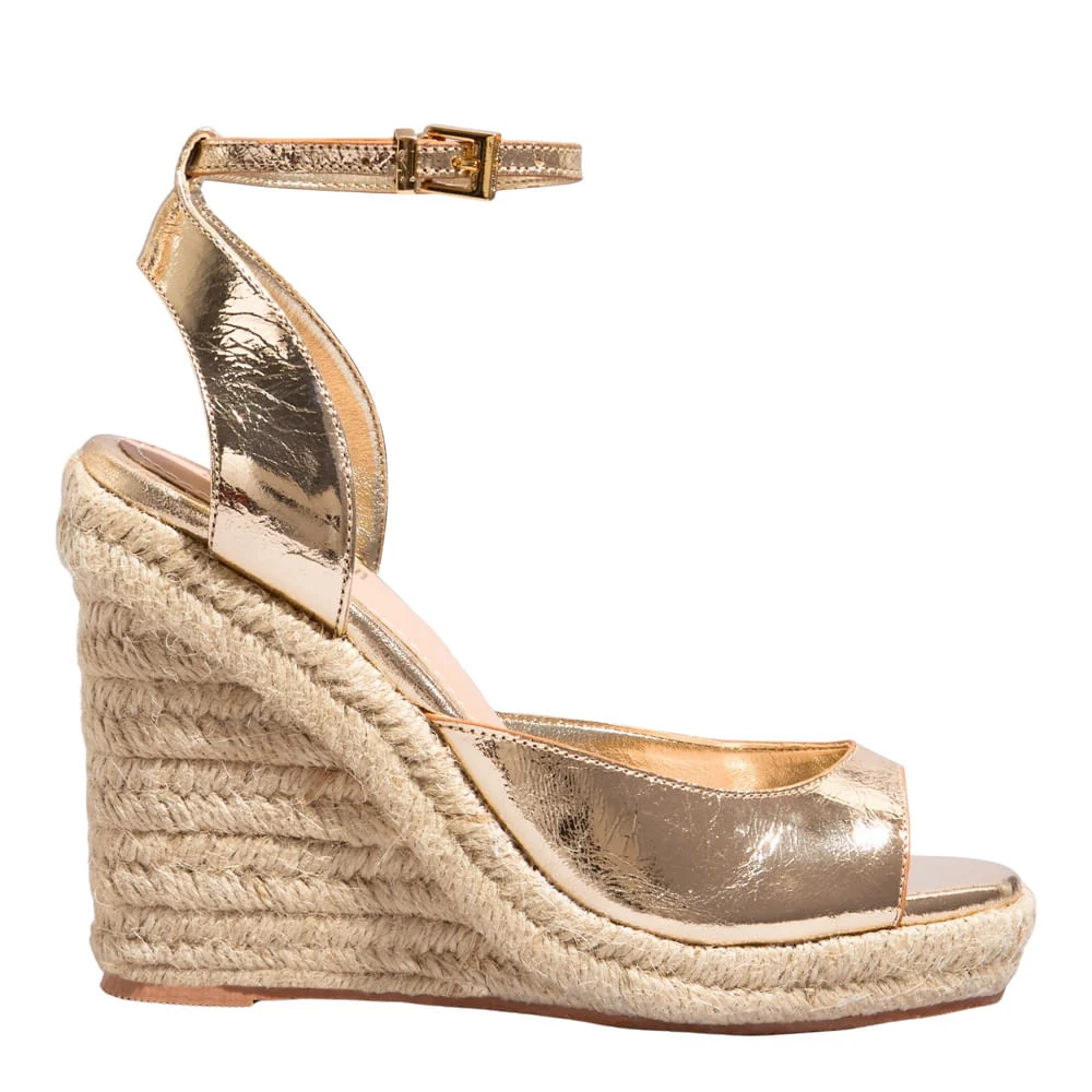 Sandália Espadrille Couro Metalizado Dourado Salto Anabela - vista 1 de 3