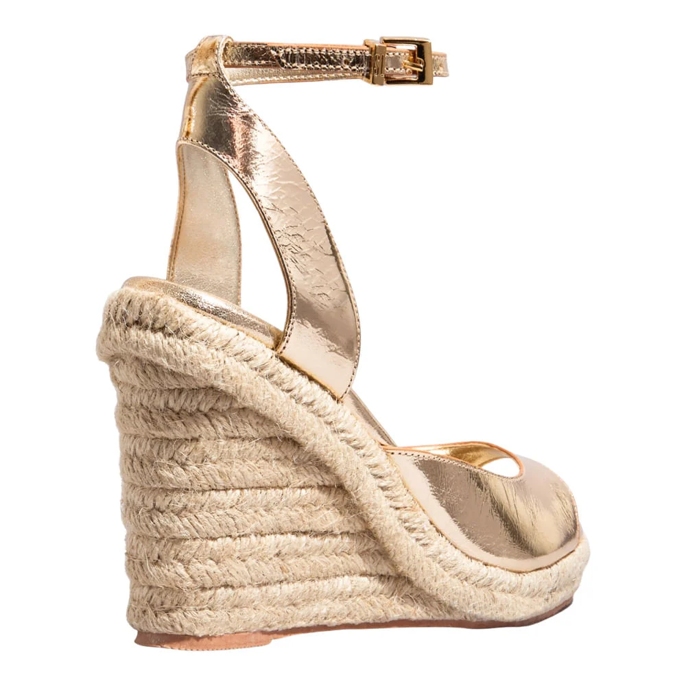 Sandália Espadrille Couro Metalizado Dourado Salto Anabela - vista 3 de 3