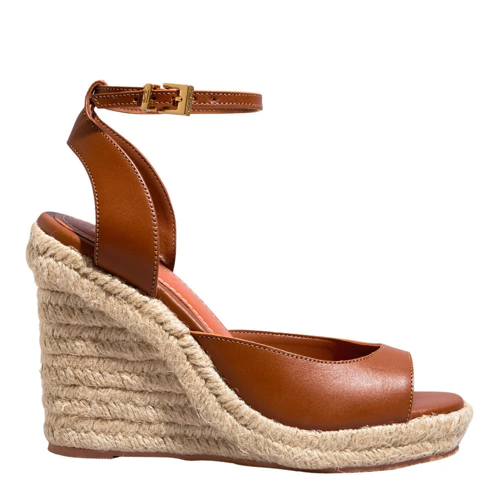 Espadrille Couro Confort Salto Anabela Marrom Safari - vista 1 de 3