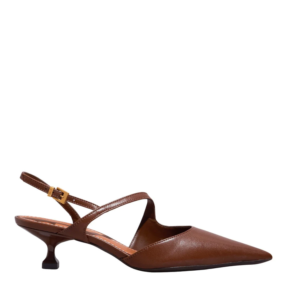 Scarpin Slingback Couro Pelica Soft Salto Taça Marrom Conhaque - vista 1 de 3