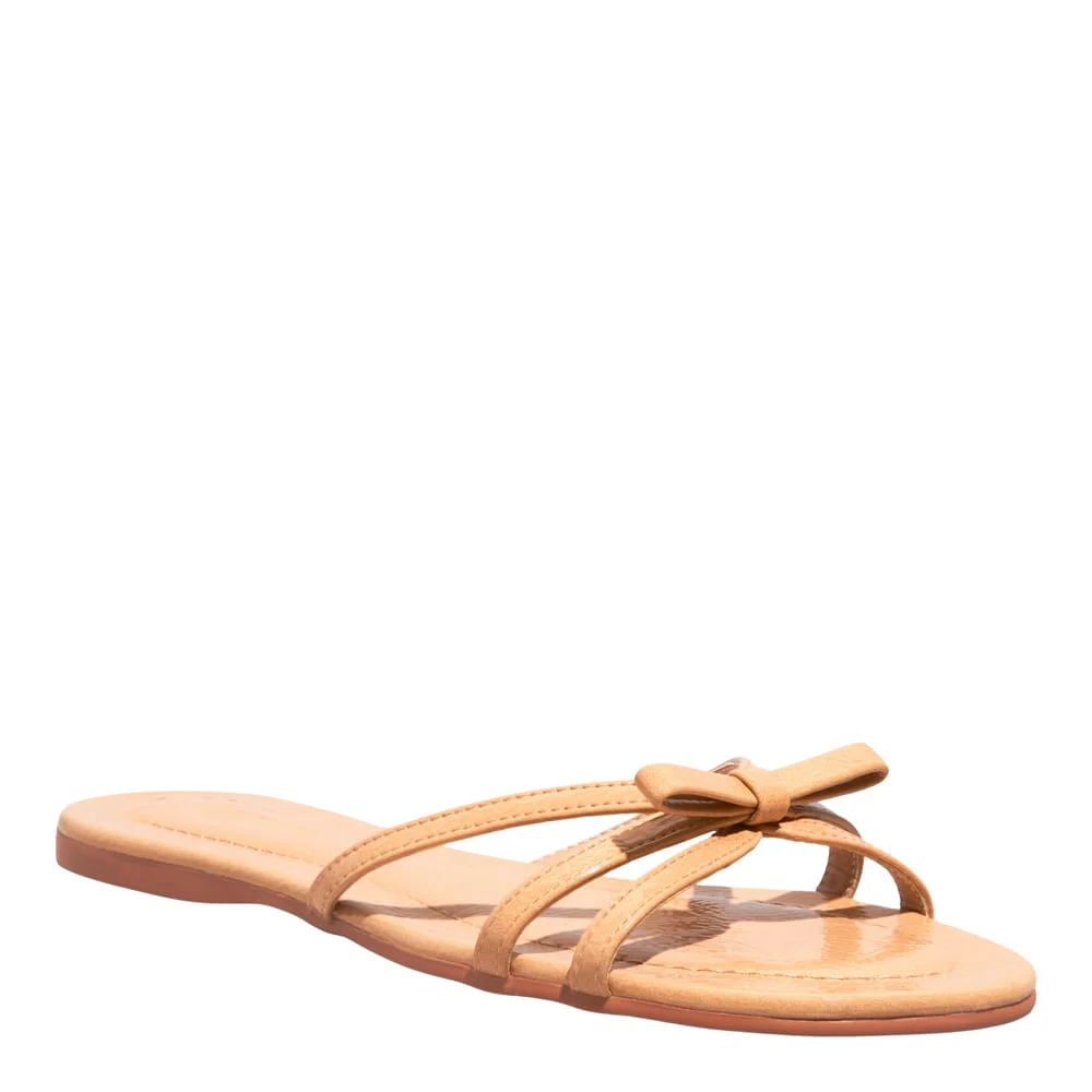 Rasteira Flat Verniz Glossy Tiras Laço Bege - vista 1 de 3