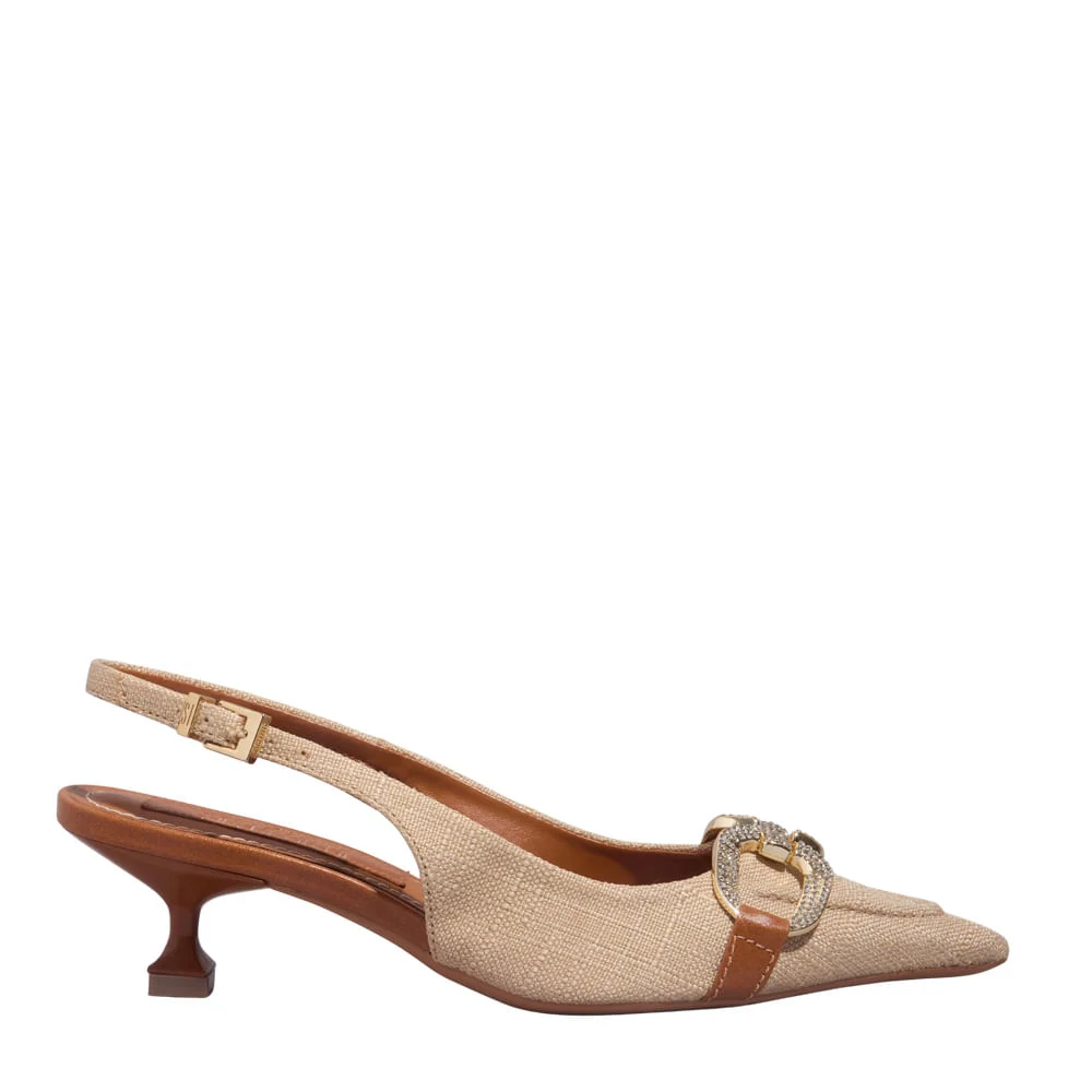 Scarpin Slingback Pedraria Linho Copacabana Bege Salto Baixo Bico Fino - vista 1 de 4