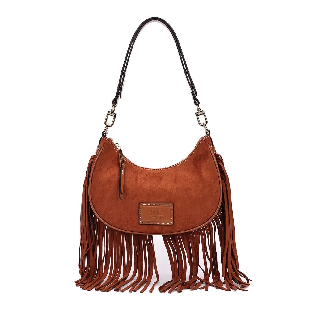 Bolsa Hobo Camurça Marrom Franjas Alça de Ombro - vista 1 de 7