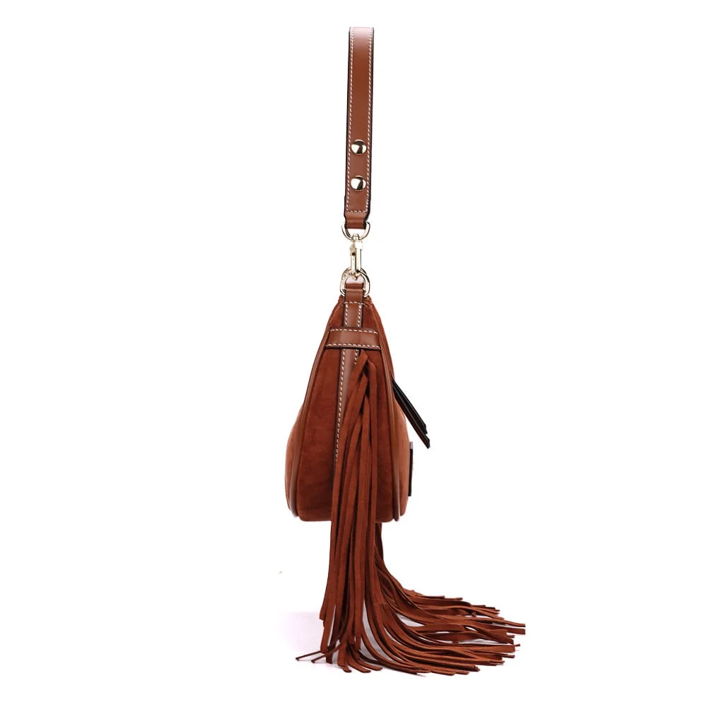 Bolsa Hobo Camurça Marrom Franjas Alça de Ombro - vista 4 de 7