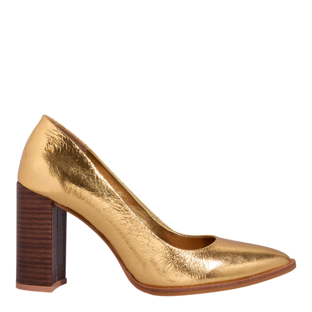 Scarpin Boneca Couro Metalizado Salto Bloco Dourado - vista 1 de 3