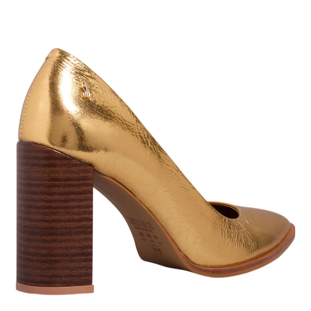 Scarpin Boneca Couro Metalizado Salto Bloco Dourado - vista 3 de 3