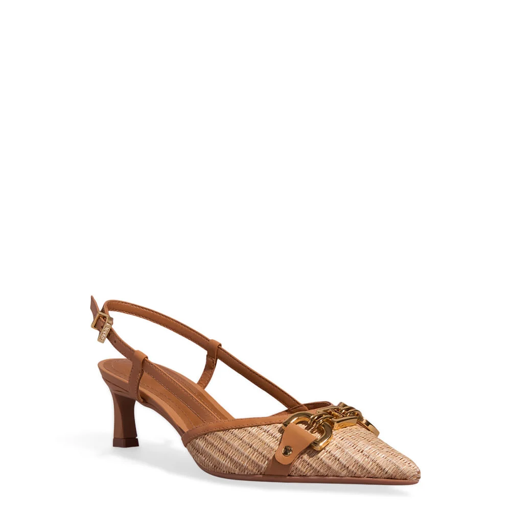 Scarpin Slingback Couro Nobre Soft Caramelo Salto Baixo - vista 2 de 3