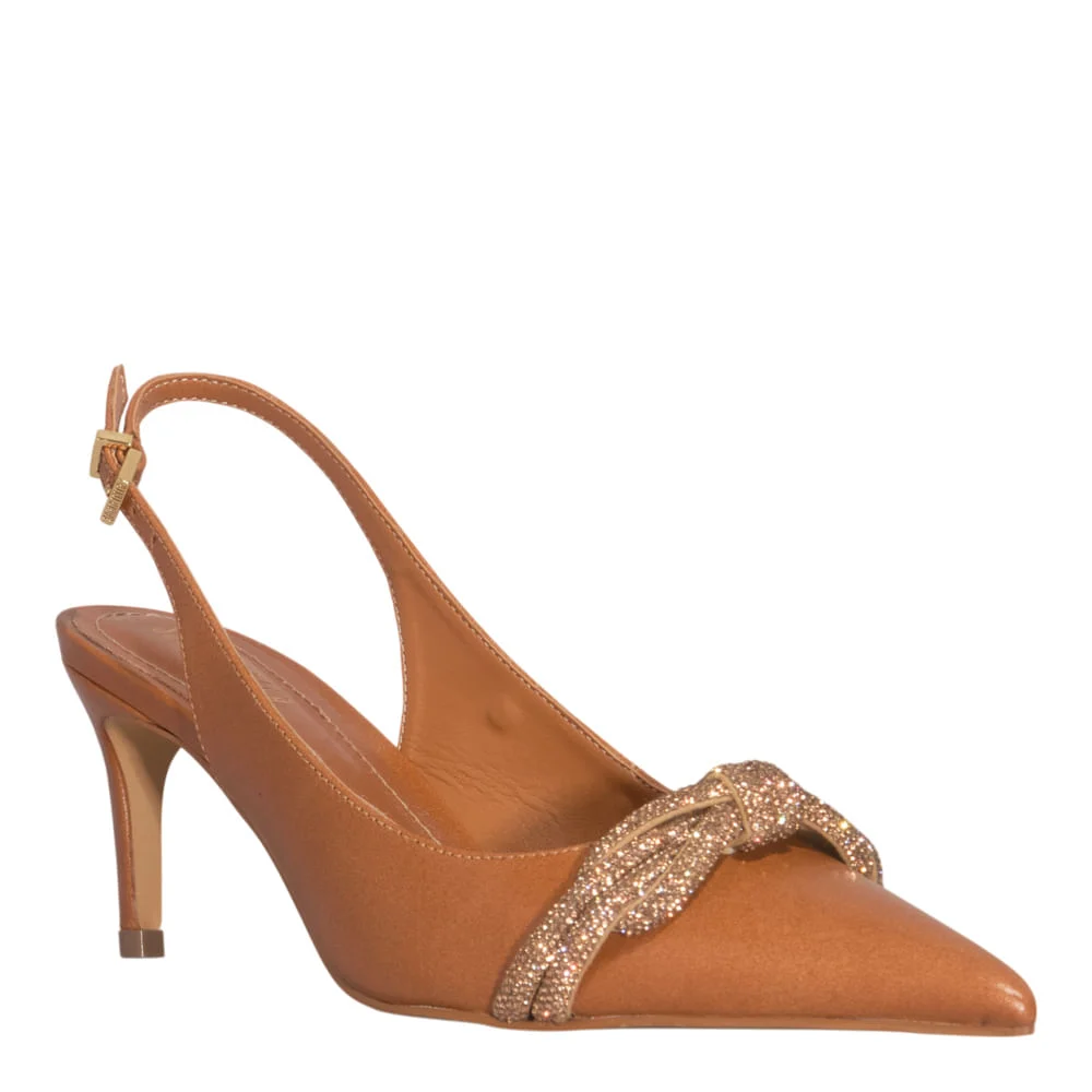 Scarpin Slingback Couro Confort Brilho Strass Caramelo - vista 2 de 4