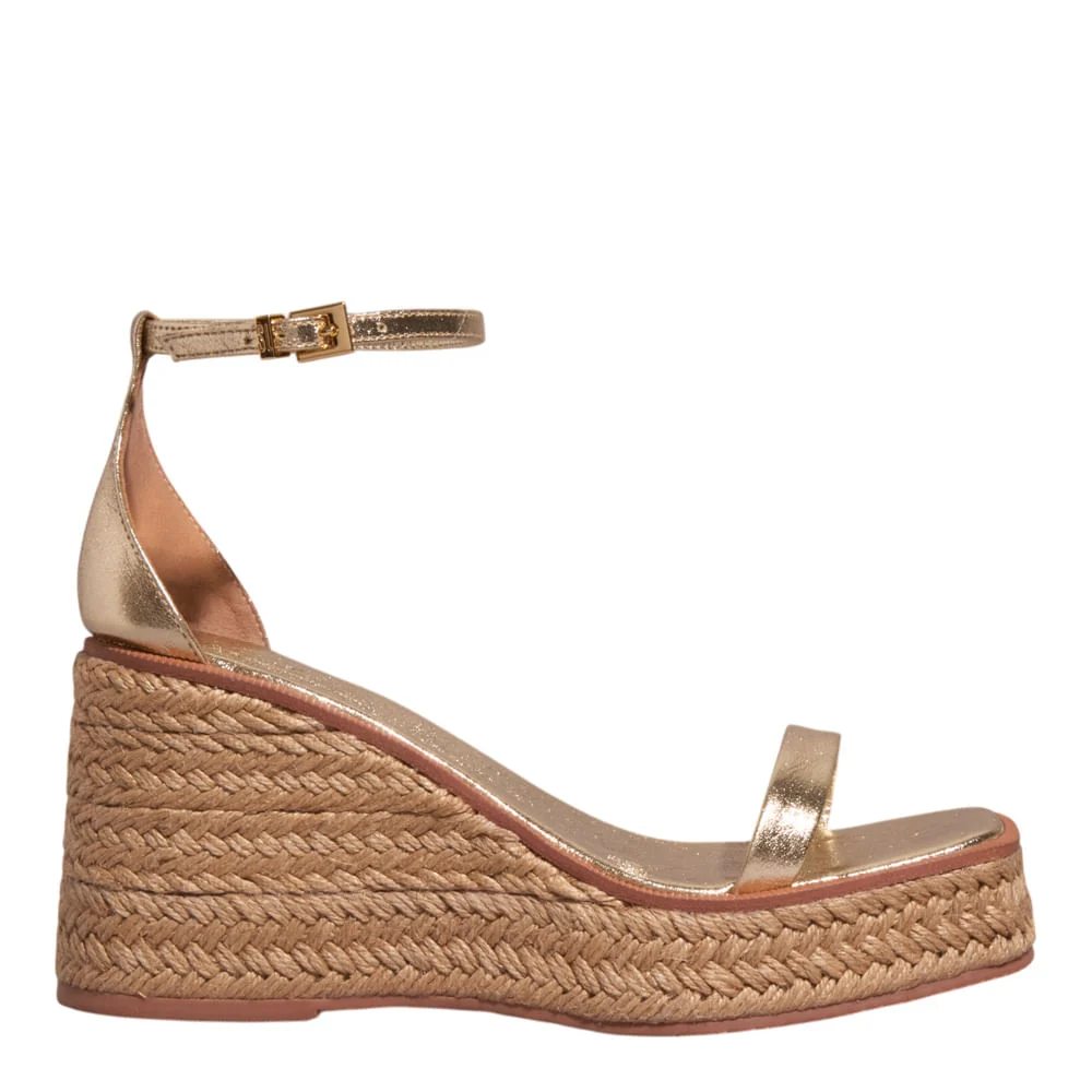 Sandália Espadrille Anabela Couro Metalizada Dourada - vista 1 de 3