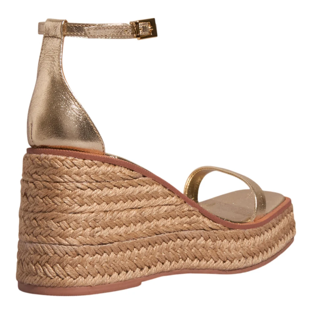 Sandália Espadrille Anabela Couro Metalizada Dourada - vista 3 de 3