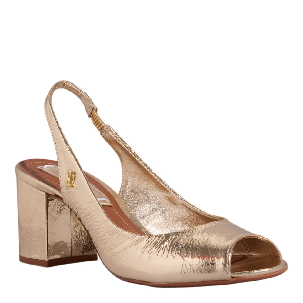 Peep Toe Slingback Couro Metalizado Salto Grosso Dourado - vista 2 de 3