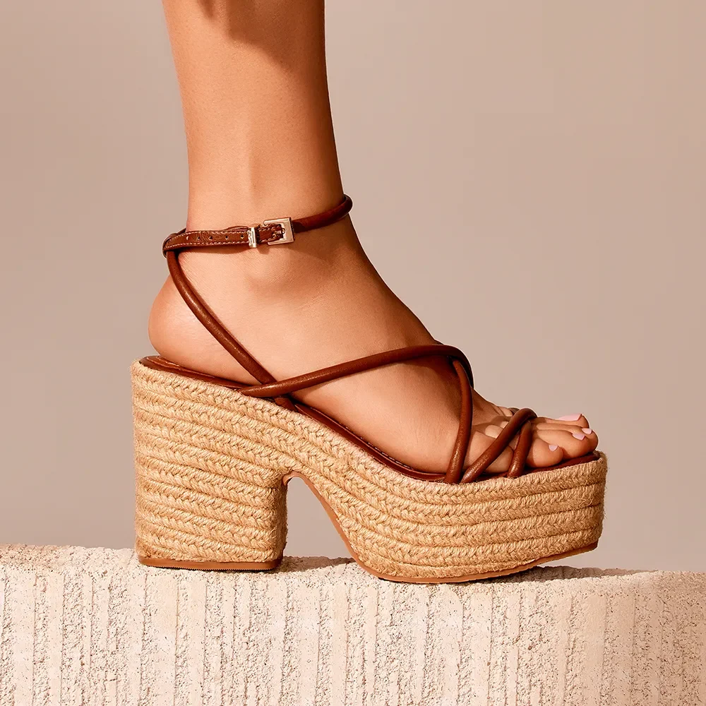 Espadrille Couro Tiras Finas Marrom - vista 1 de 4
