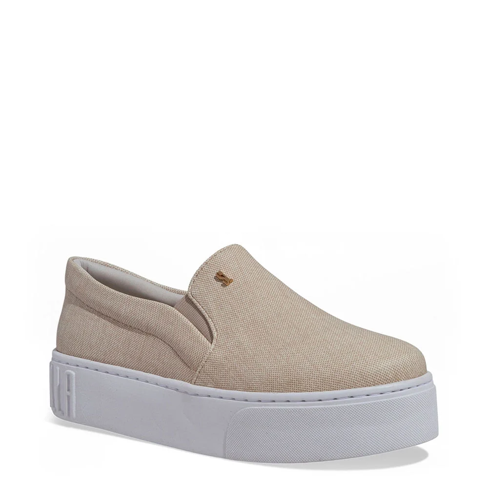 Tênis Slip On Plataforma Tecido Linho Bege - vista 2 de 4