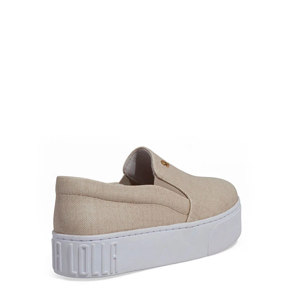 Tênis Slip On Plataforma Tecido Linho Bege - vista 3 de 4