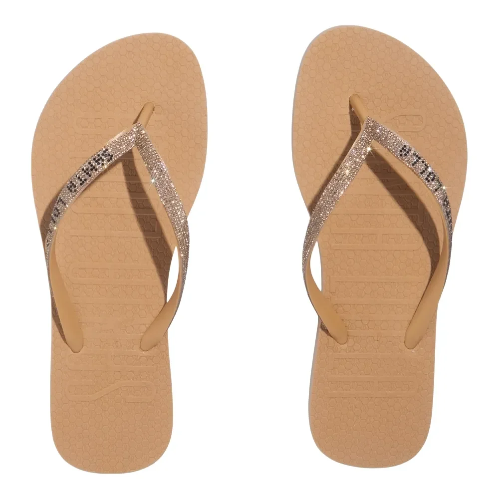 Chinelo Flip Flop Borracha Tiras Strass Brilho Bege - vista 5 de 5