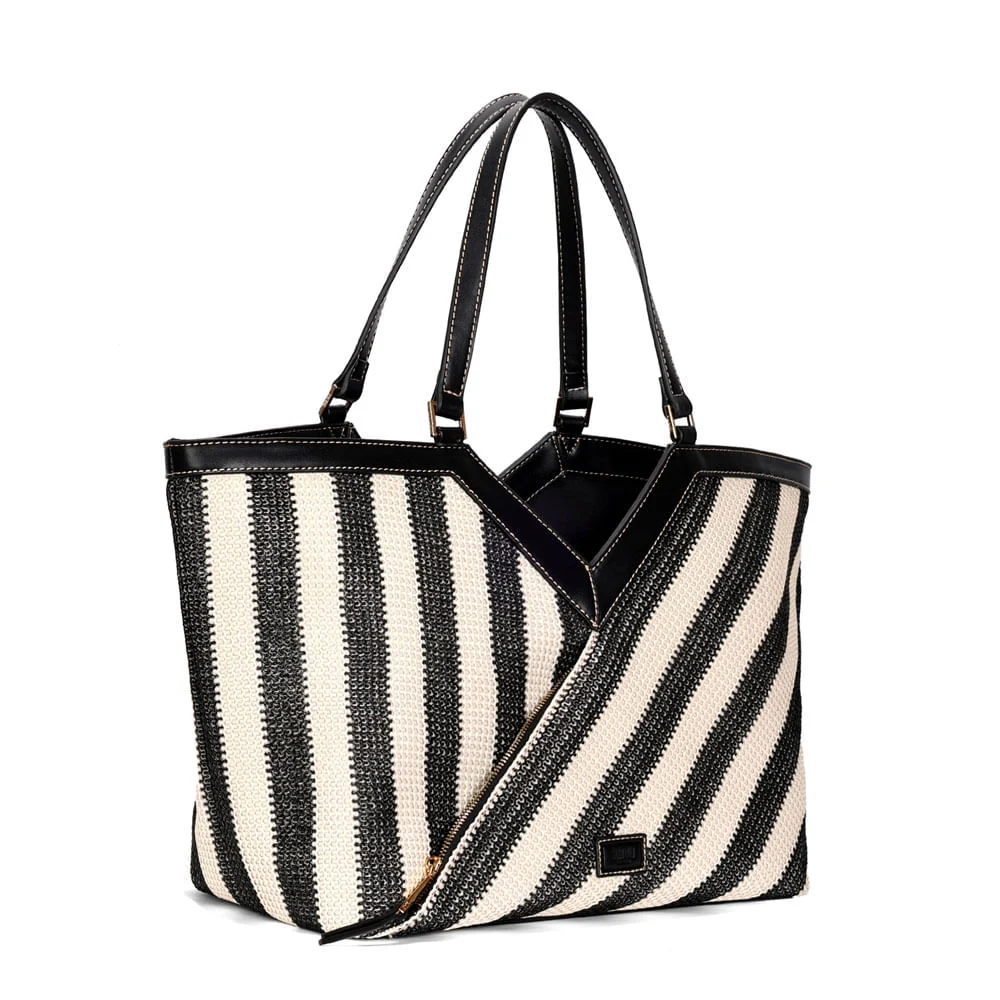 Bolsa Tramado Alça De Mão Listrada Preta e Branco - vista 2 de 4