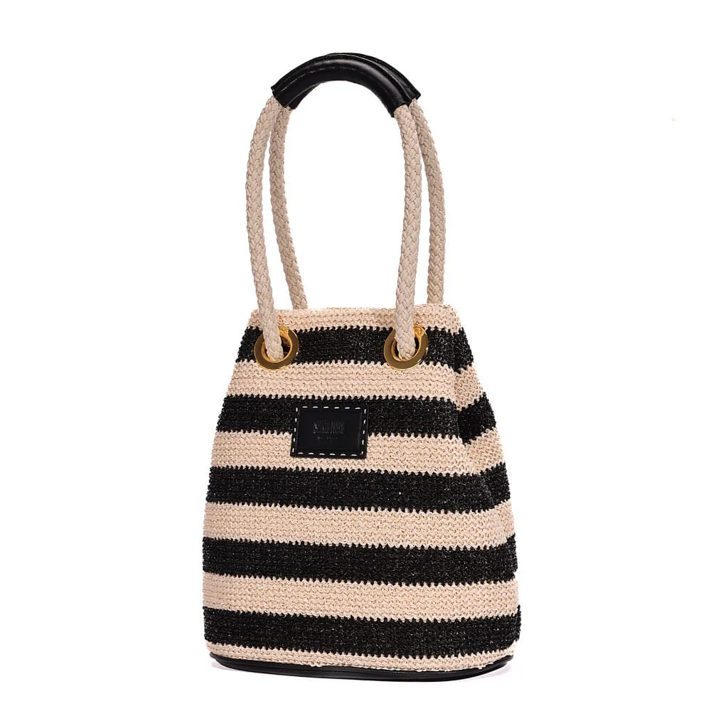 Bolsa Bucket Tramado Alça De Mão Listrada Preta a Branco - vista 4 de 8
