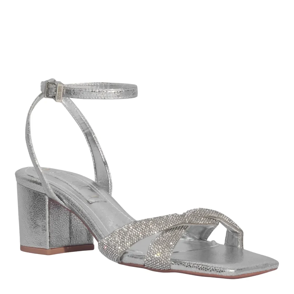Sandália Tecido Splendore Metalizado Prata Strass Brilho Salto Grosso - vista 2 de 3