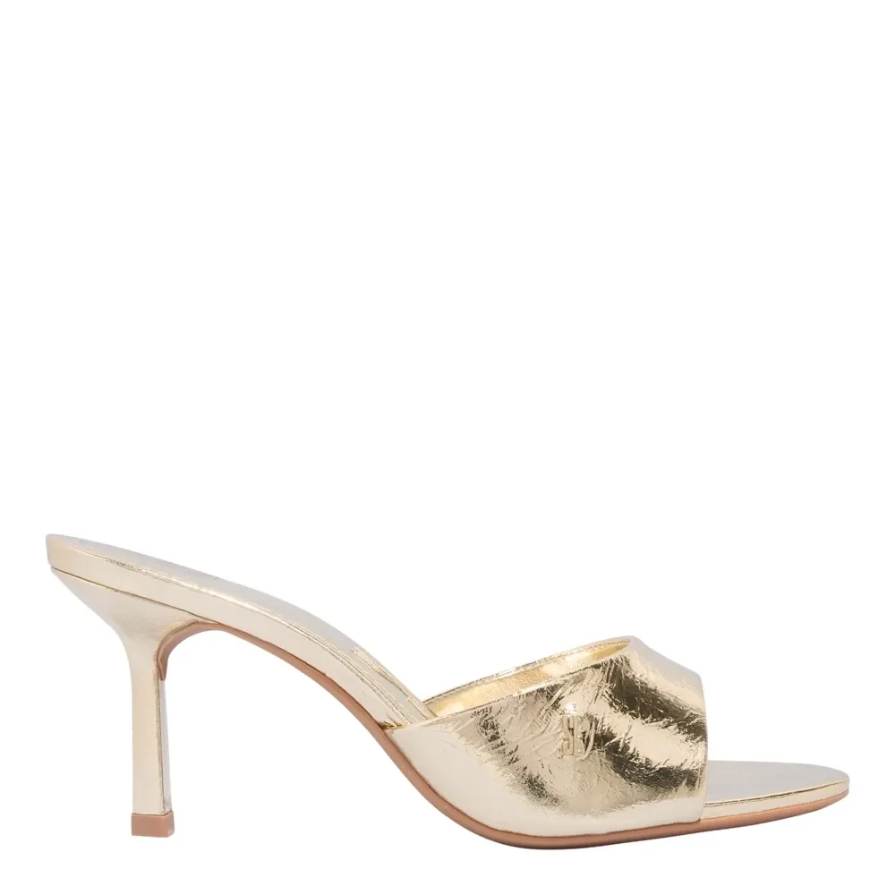 Mule Couro Metalizado Dourado Salto Alto Fino - vista 1 de 3