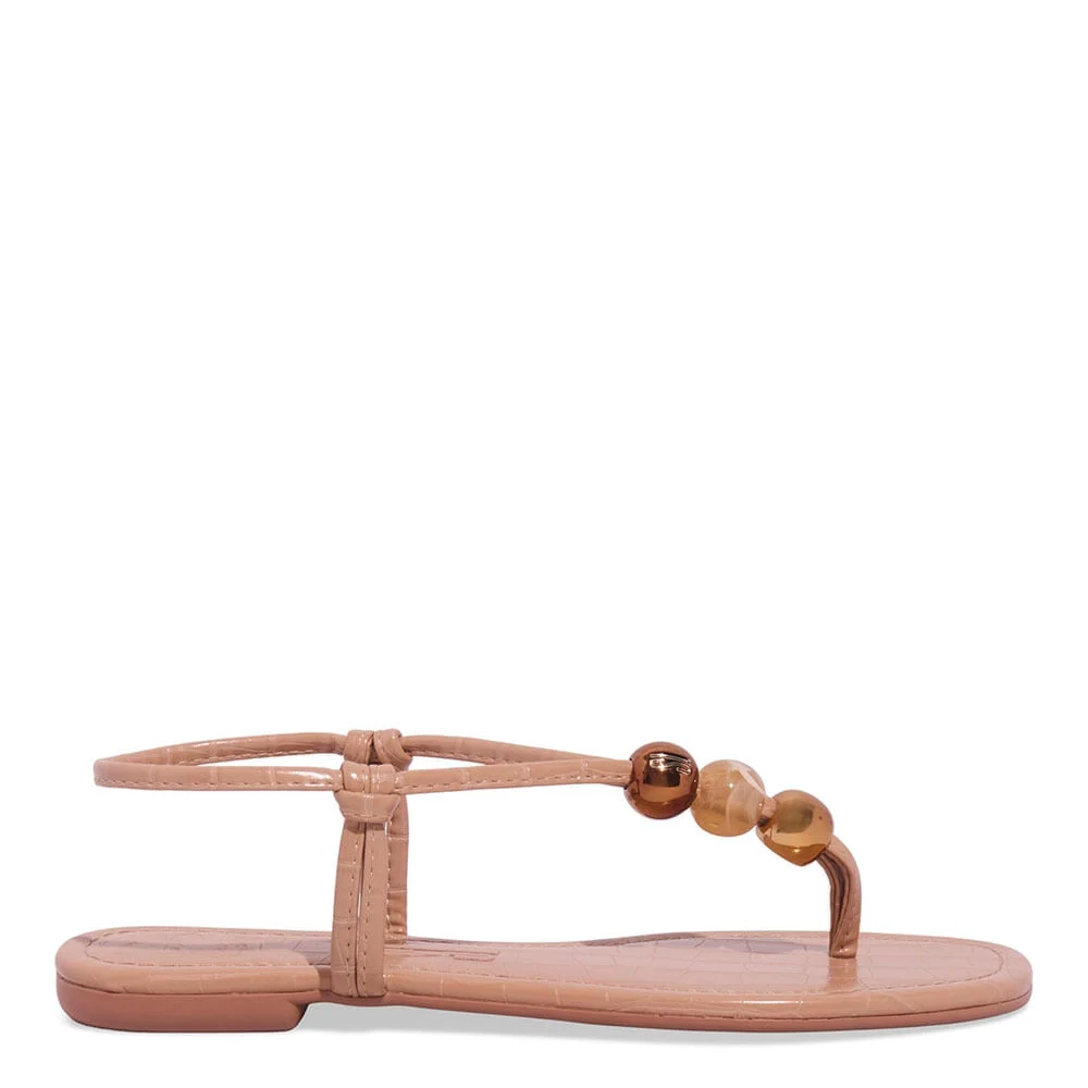 Rasteira Croco Miçangas Bico Quadrado Bege - vista 1 de 4