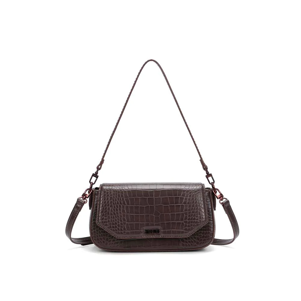 Bolsa Baguete Média Croco Marrom Dark Alça De Ombro - vista 1 de 5