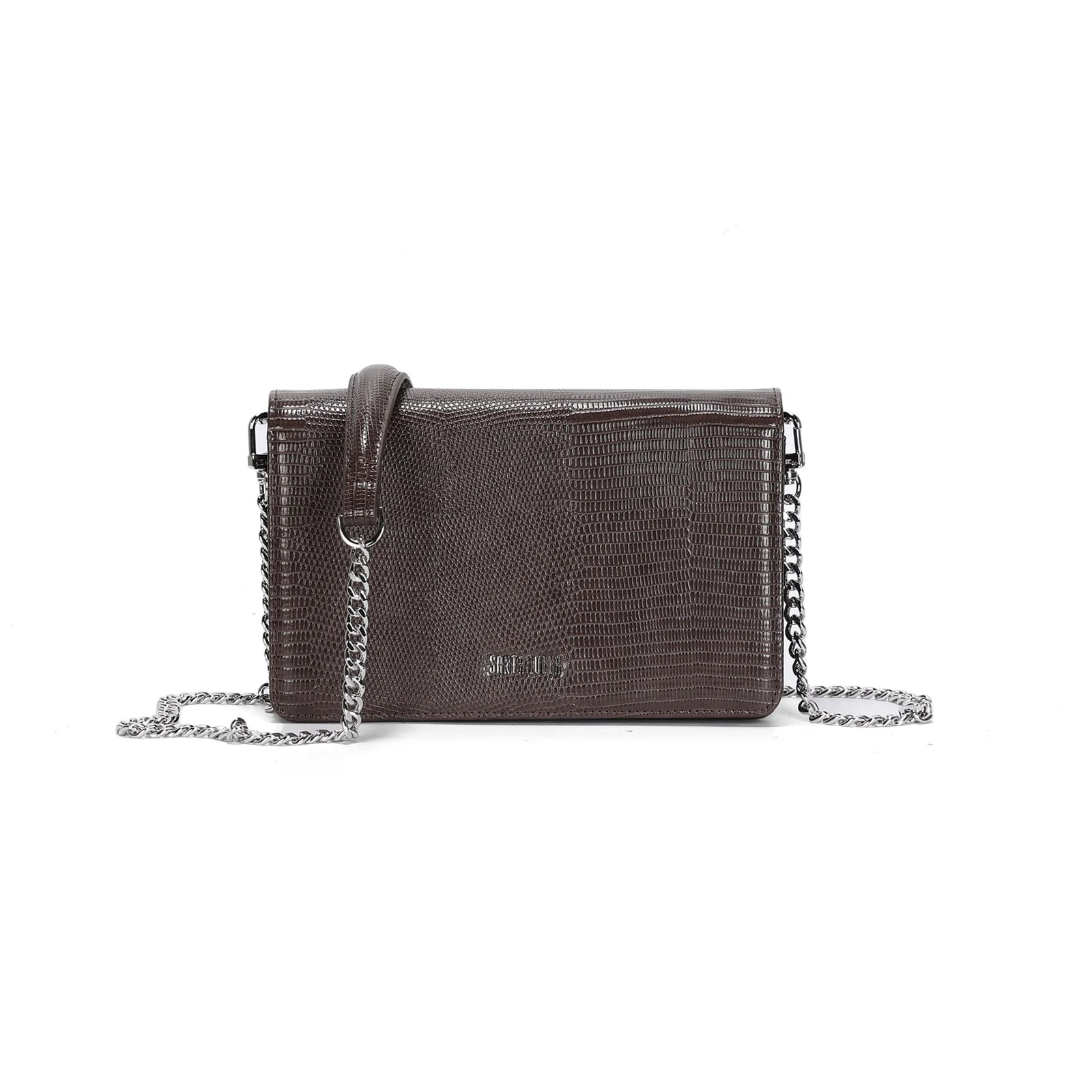 Bolsa Pequena Material Lizard Marrom Dark Alça Transversal Corrente - vista 1 de 3