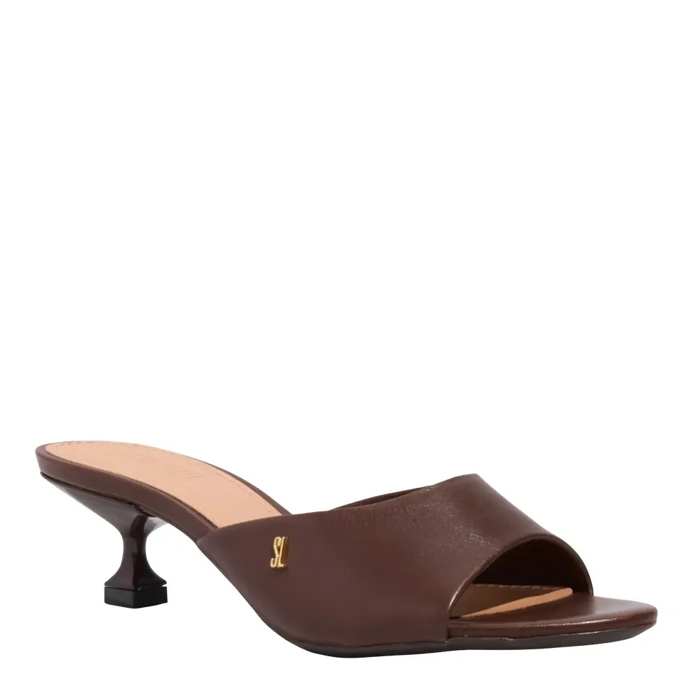 Mule Couro Premium Marrom Dark Salto Fino Baixo - vista 2 de 3