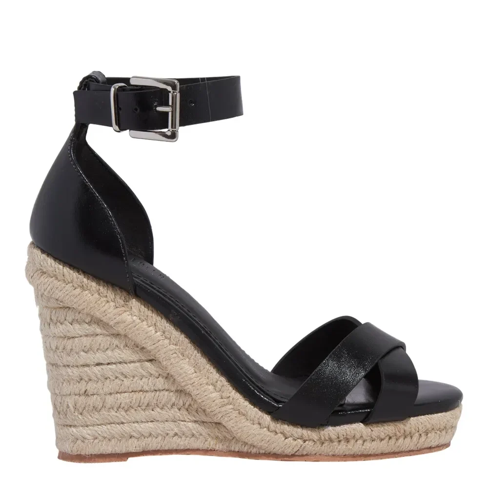 Sandália Espadrille Couro Confort Salto Anabela Preto - vista 1 de 3