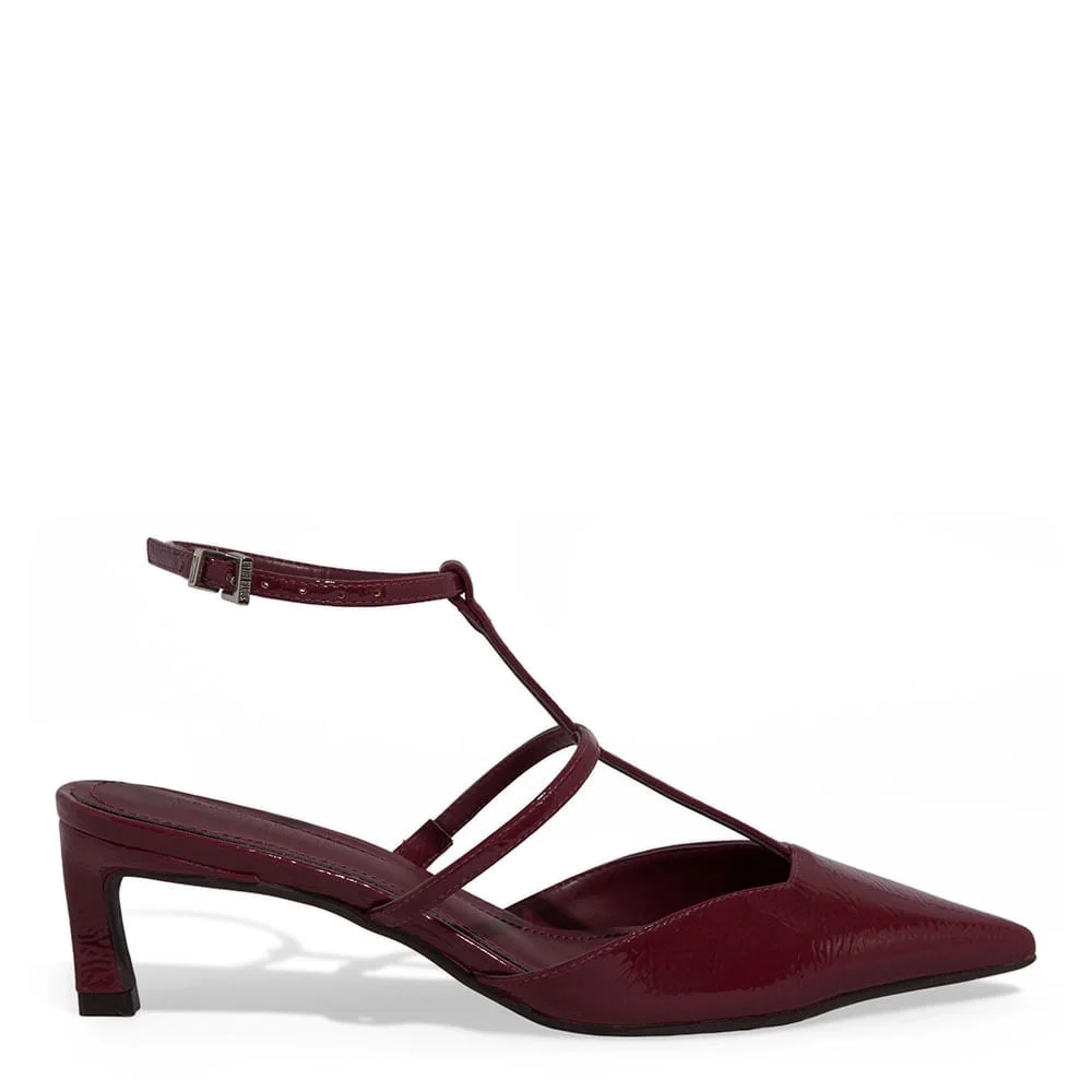 Scarpin Slingback Verniz Salto Baixo Fino Vermelho Cabernet - vista 1 de 3