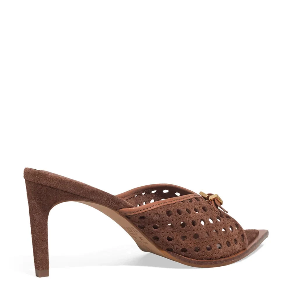 Mule Peep Toe Couro Camurça Tresse Salto Fino Marrom - vista 3 de 3