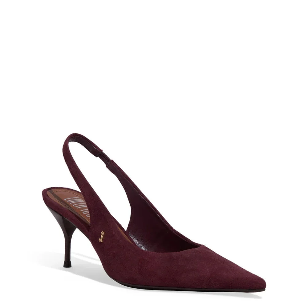Scarpin Slingback Couro Nobuck Salto Agulha Roxo Berry - vista 2 de 3