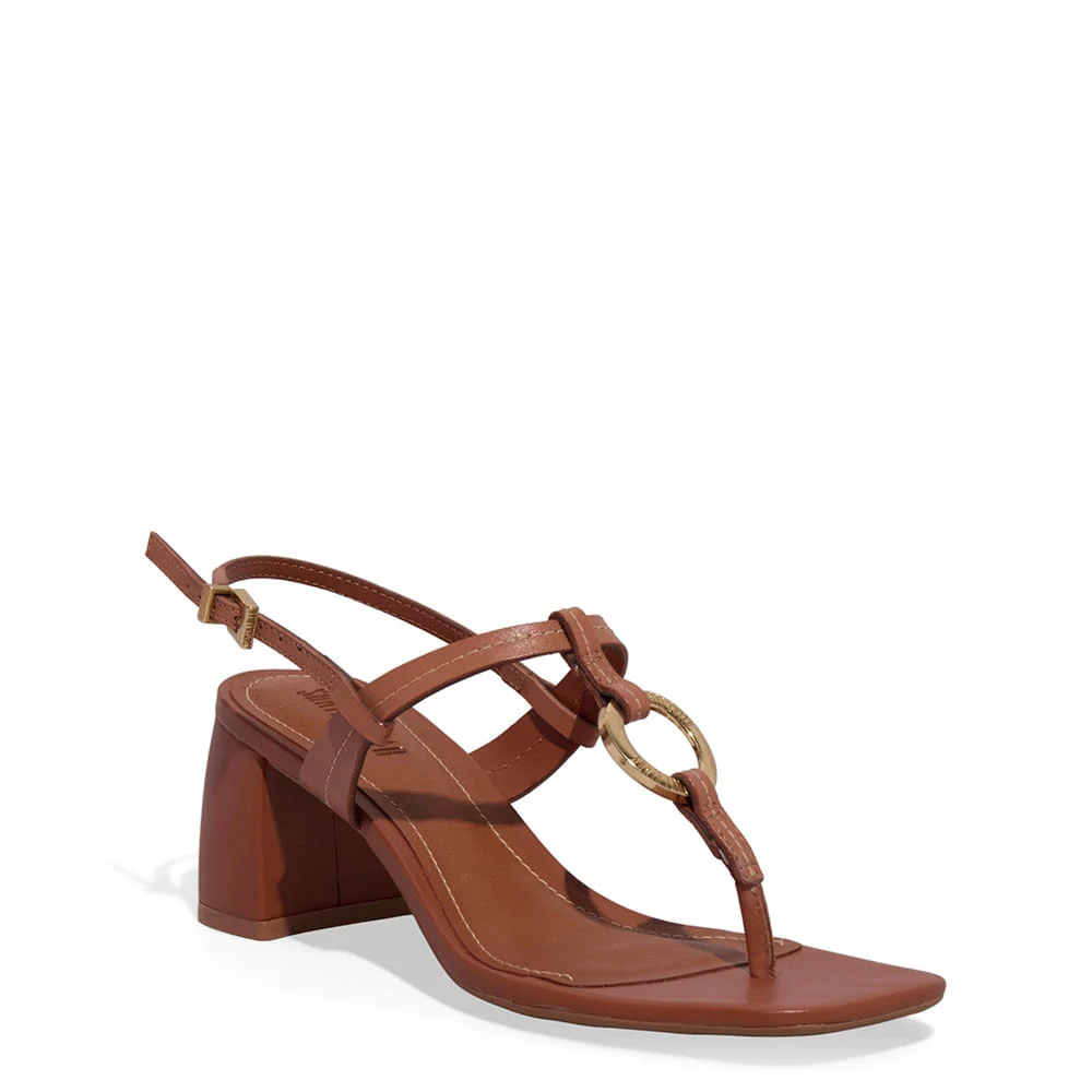Sandália Thong Couro Soft Salto Bloco Marrom - vista 2 de 3