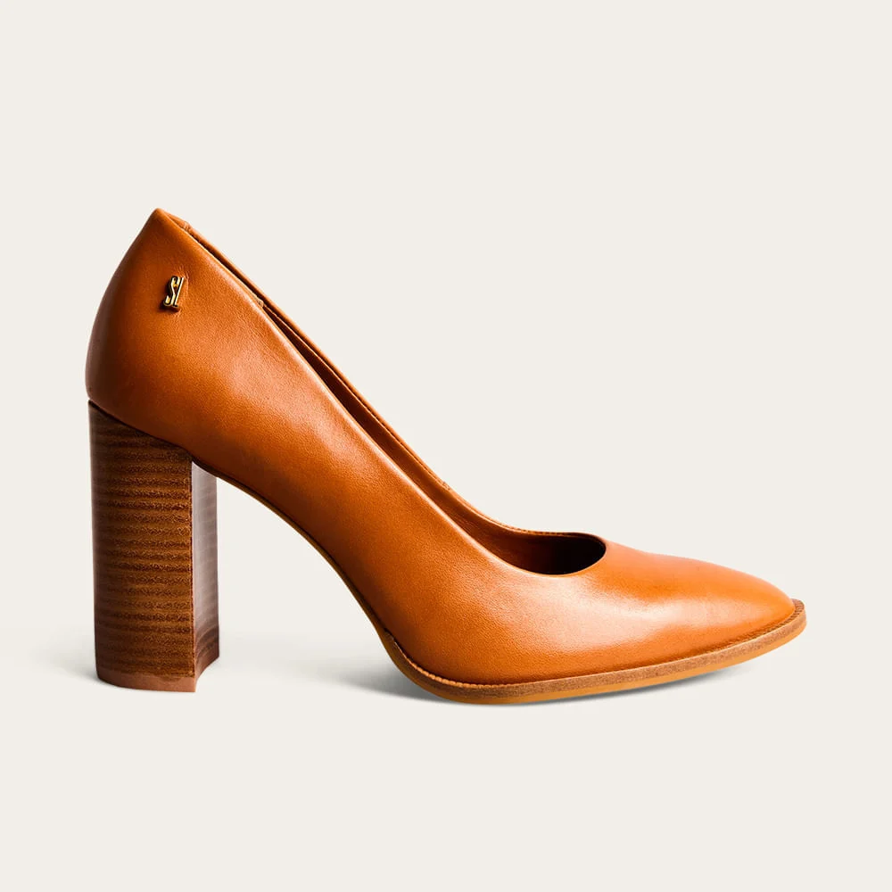 Scarpin Boneca Couro Nobre Soft Salto Alto Bloco Marrom Brick - vista 1 de 3