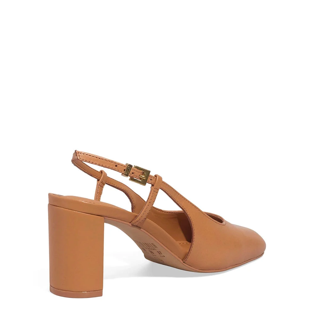 Scarpin Boneca Slingback Couro Nobre Salto Grosso Caramelo - vista 3 de 3