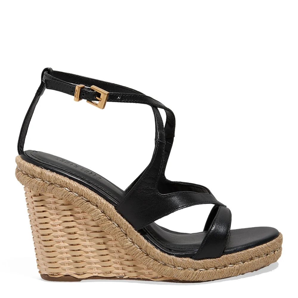 Sandália Espadrille Couro Anabela Preto - vista 1 de 5