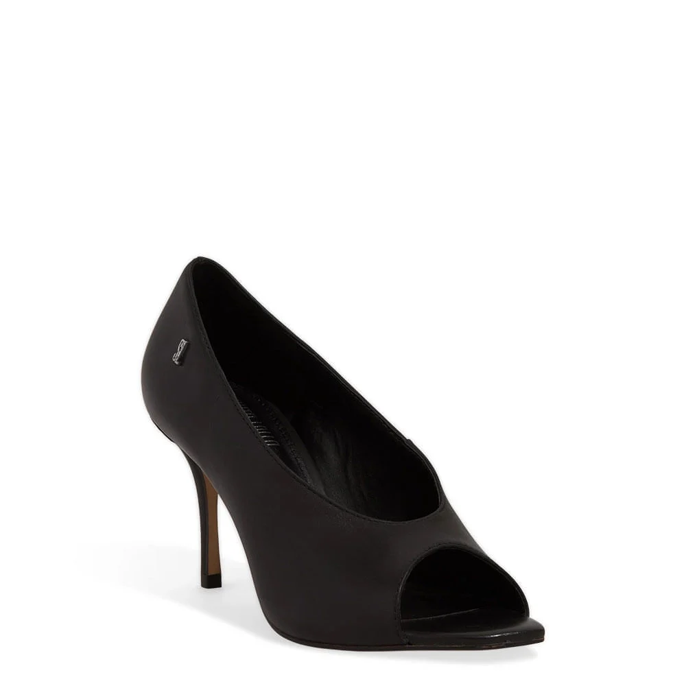 Peep Toe Couro Salto Médio Fino Preto - vista 4 de 5