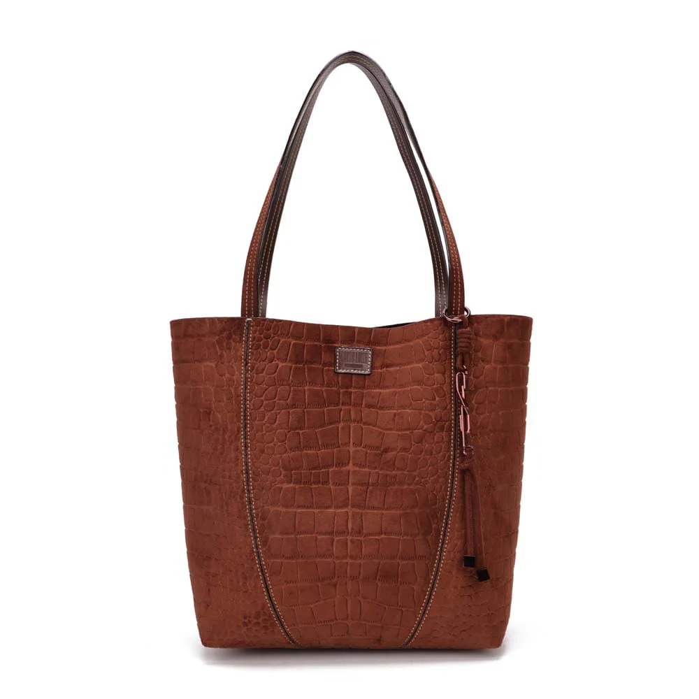 Bolsa Tote Média Croco Nobuck Marrom Dark Alça Longa - vista 1 de 7