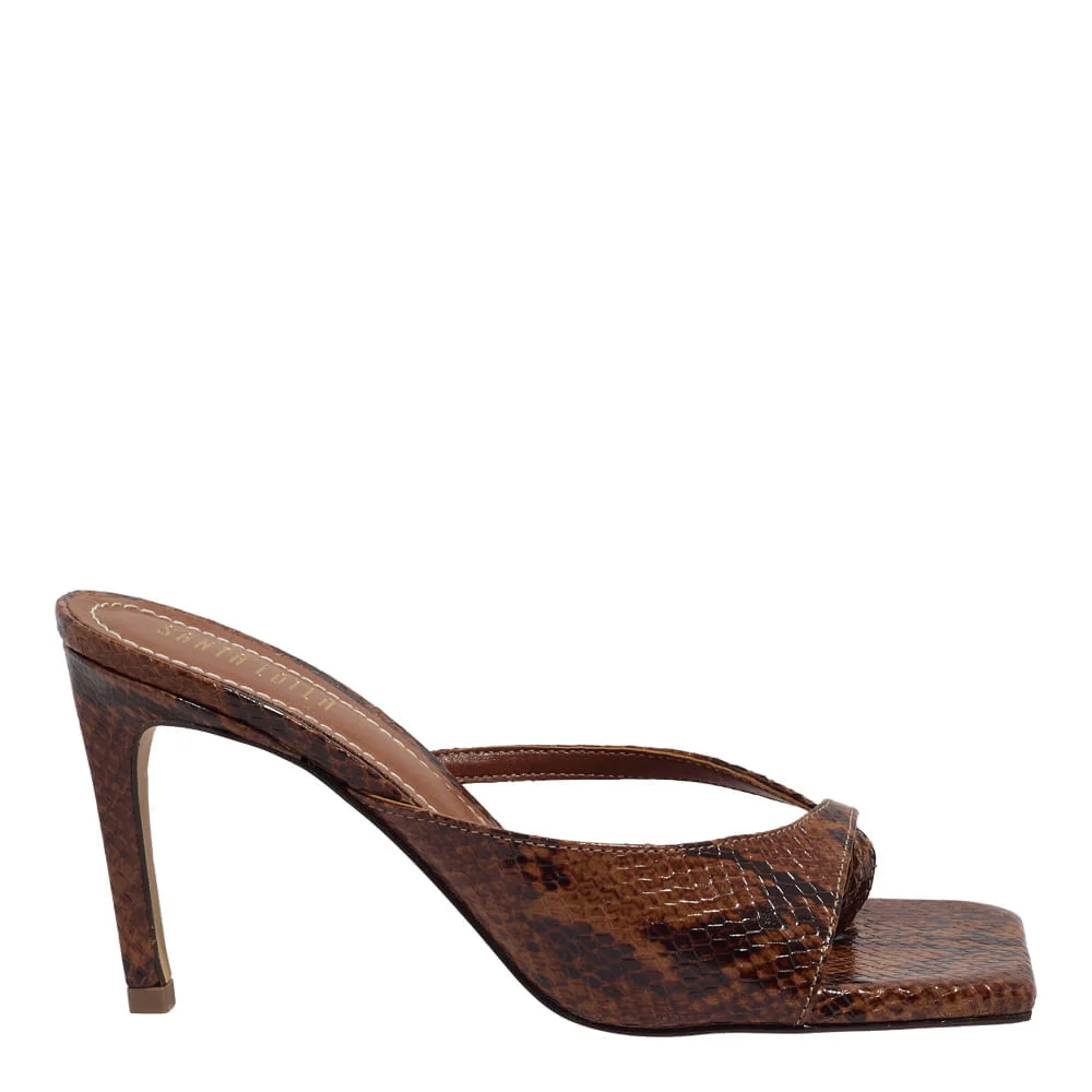 Mule Estampa Animal Print Snake Marrom Castanho Salto Alto Fino Bico Quadrado - vista 1 de 3