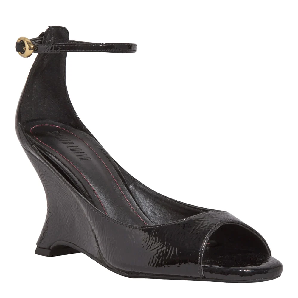 Sandália Peep Toe Verniz Show Salto Anabela Preto - vista 2 de 5