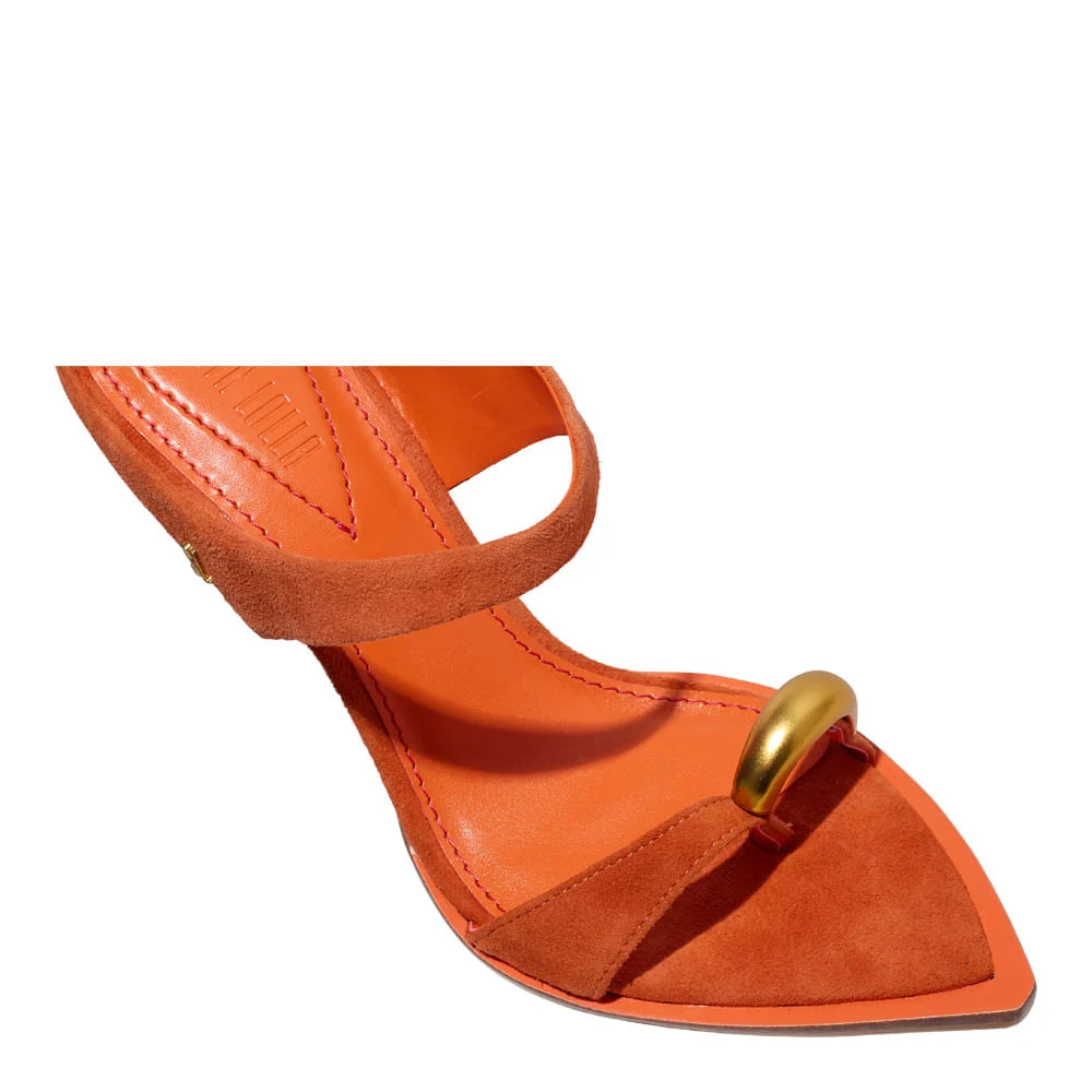 Mule Couro Camurça Laranja Pomelo Bico Folha Salto Alto Fino - vista 4 de 5