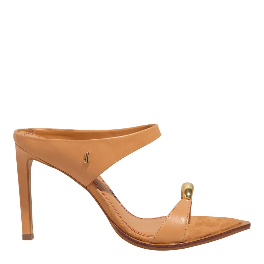 Mule Couro Pelica Soft Marrom Doce de Leite Bico Folha Salto Alto Fino - vista 1 de 4