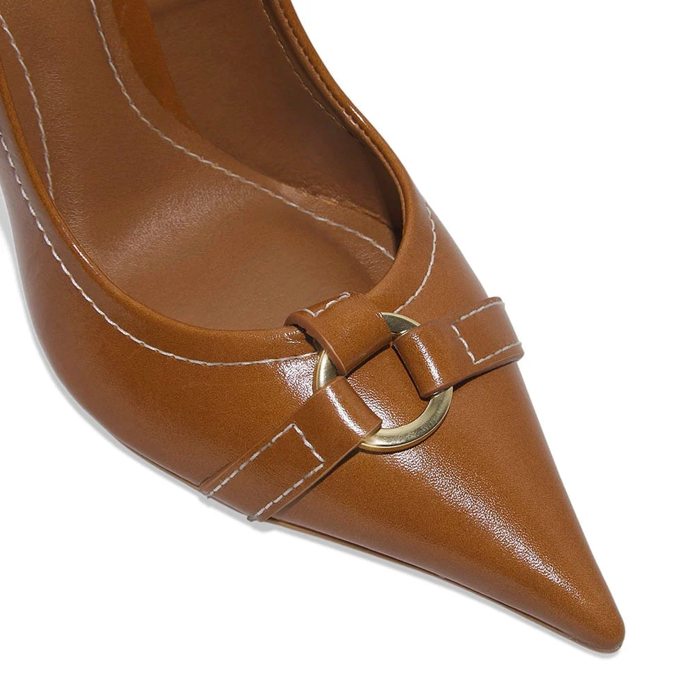 Scarpin Couro Pespontos Marrom Safari Fivela - vista 3 de 5